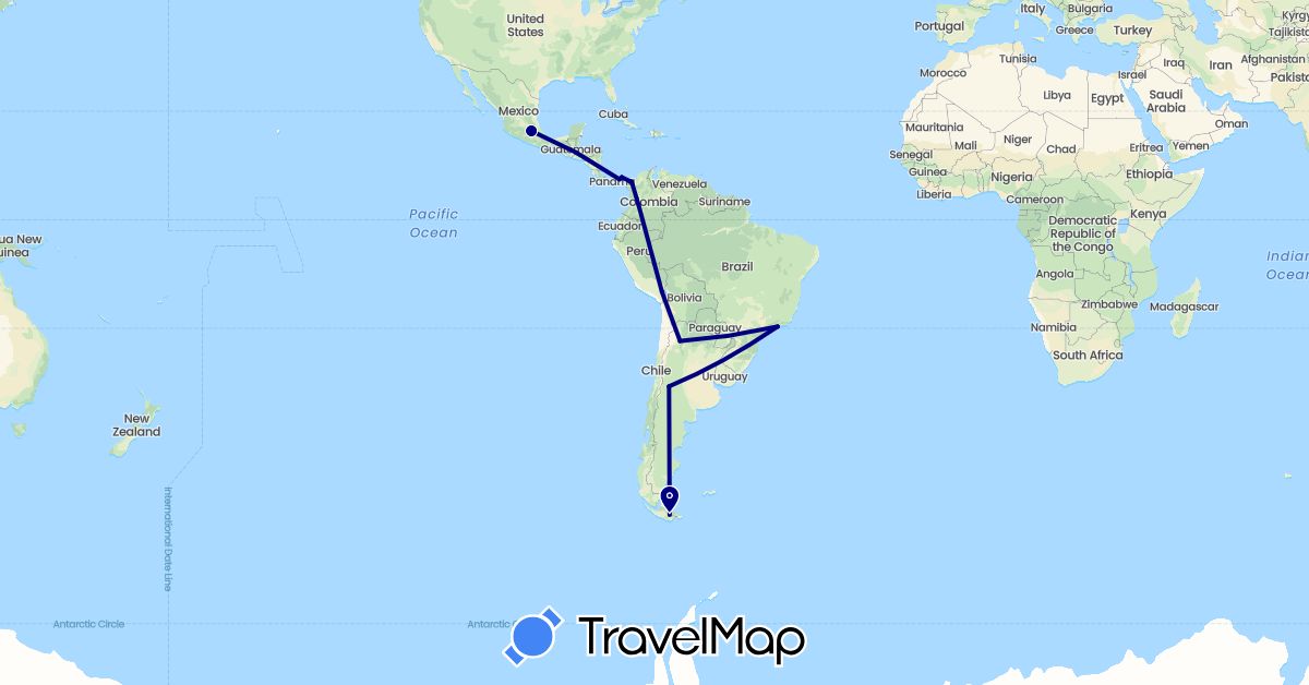 TravelMap itinerary: driving in Argentina, Brazil, Colombia, Honduras, Mexico, Panama, Peru (North America, South America)